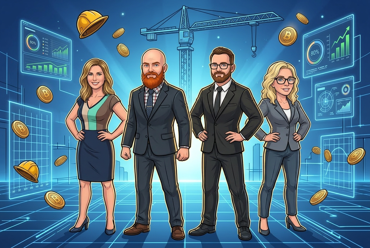 Cartoon lineup of RYDV advisors Brooke, Dane, Justin and Beth on a digital construction site