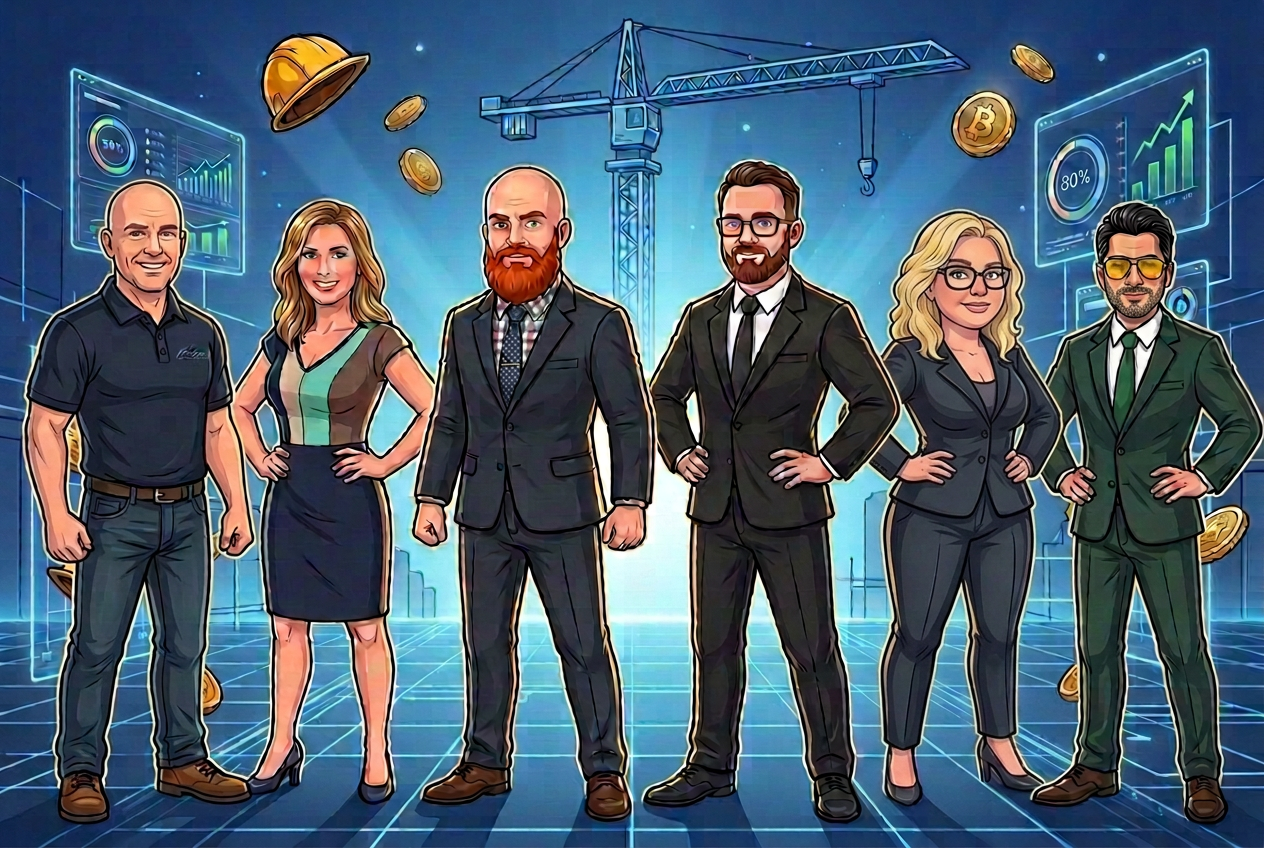 Cartoon lineup of Ray and RYDV advisors Brooke, Dane, Justin, Beth and Enrique on a digital construction site
